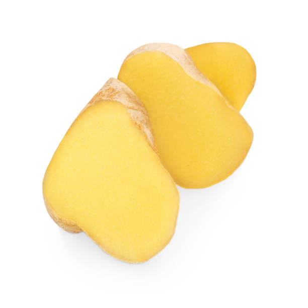 istock Sliced Fresh ginger root isolated on white background. Top view. Flat lay. 1214253487