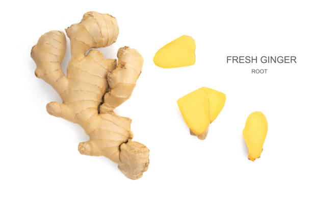 istock Fresh ginger rhizome with sliced  isolated on white background. Top view. Flat lay. 