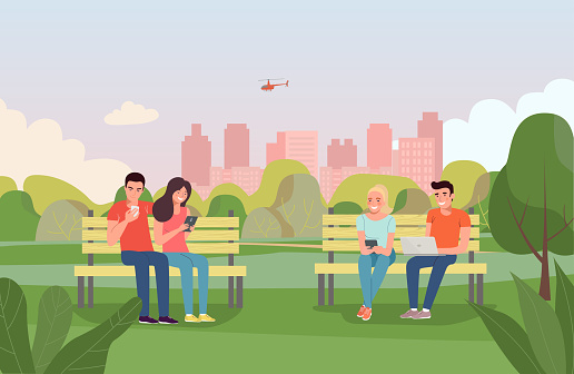 Young women, men sitting on benches and look at gadgets in the park. Vector flat style illustration