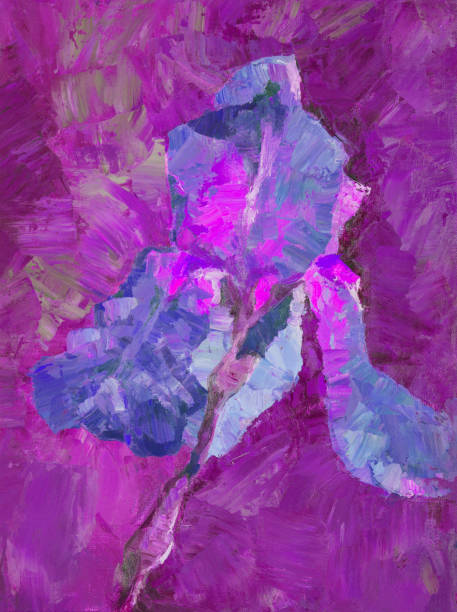 ファッショナブルなイラスト現代アートワークアレゴリー花油絵印象派垂直春の夜の風景明るい青い虹彩の花と芽夕暮れ時の夜空の濃い紫色の背景に - oil painting red dark backgrounds点のイラスト素材／クリップアート素材／マンガ素材／アイコン素材