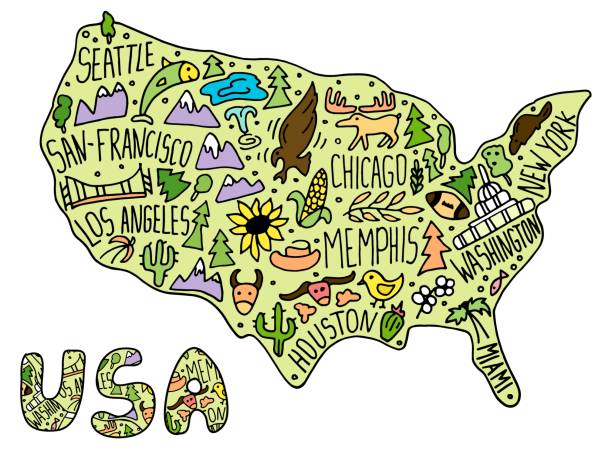 Colored Hand drawn doodle USA map. American city names lettering Hand drawn doodle USA map. Colored illustration of American city names lettering and cartoon landmarks, tourist attractions cliparts. US travel, trip comic infographic poster michigan football stock illustrations