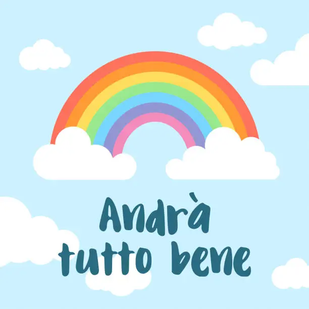 Vector illustration of Everything will be ok written in Italian (Anda tutto  bene). Rainbow and clouds background.