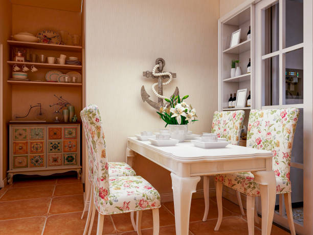 istock 3D rendering, warm dining room area design, wooden table and chair 1214254958