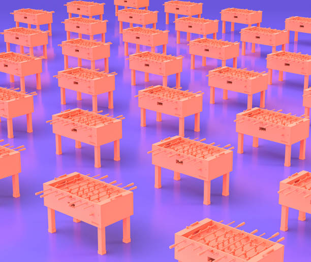 Multiple Arcade foosball table, entertainment center objects in purple flat room, 3d rendering