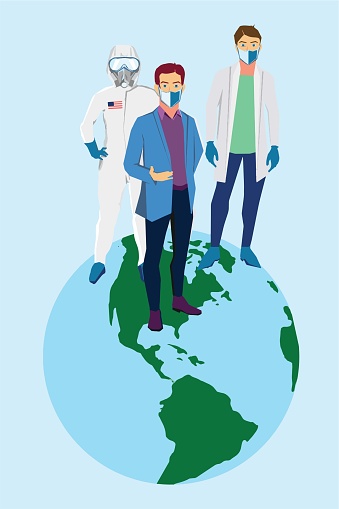 Illustration of a group of experts from the US and planet Earth