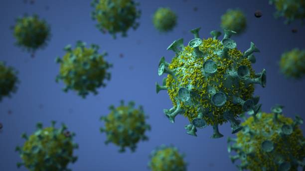 istock Corona virus on the blue background. 3d illustration. 1214258957