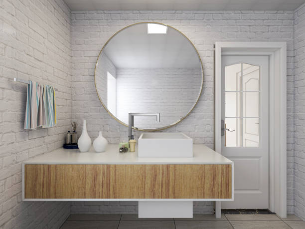 3D rendering, modern residential clean bathroom design, with washbasins, mirrors, toilets, shower equipment and bathtubs