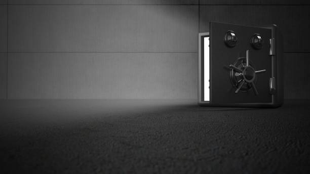 istock Opened strongbox in the dark room. 3d illustration. 1214259393