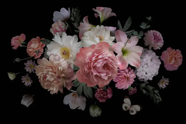 Photo of Bouquet of beautiful garden flowers, leaves and butterfly on black background.