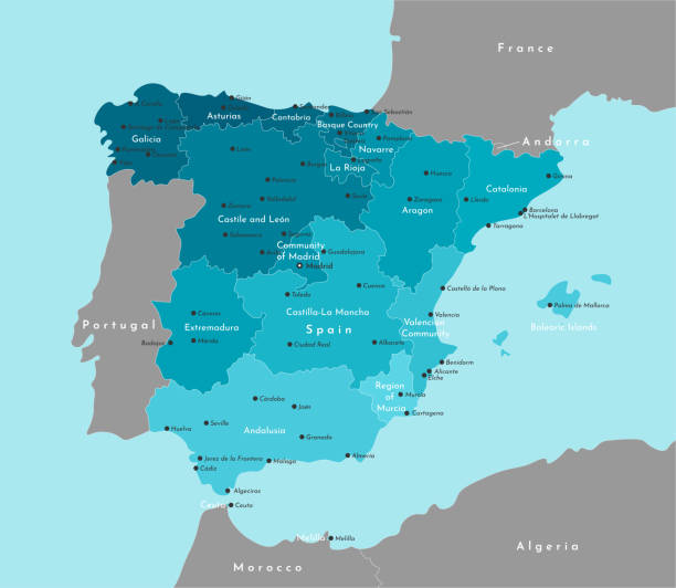 向量現代插圖。簡化西班牙行政地圖和與鄰國的邊界。藍色海洋背景。西班牙城市和自治區名稱 - spain 幅插畫檔、美工圖案、卡通及圖標
