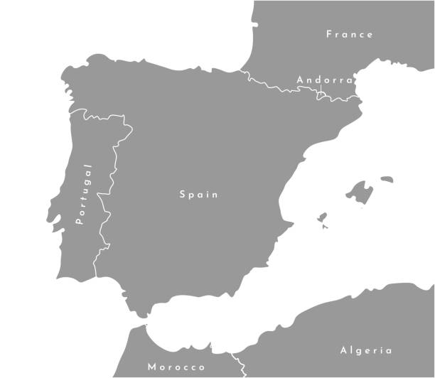 向量現代插圖為灰色。簡化的歐洲政治地圖與西班牙在中心。白色背景和輪廓。與葡萄牙、法國、安道爾接壤。 - portugal 幅插畫檔、美工圖案、卡通及圖標