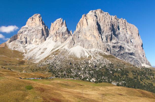 istock Sella Joch pass and mounts Langkofel, Plattkofel, 1214263199