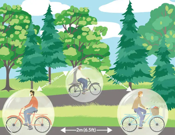 Vector illustration of Social Distancing - People Riding Bikes