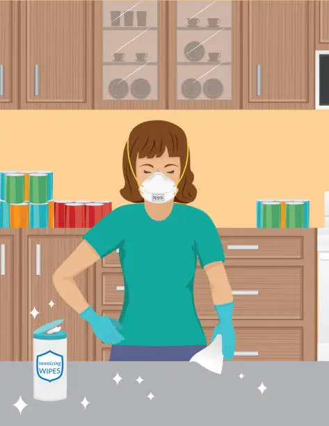 Vector illustration of Woman Wearing An N95 Mask Cleaning Her Counter