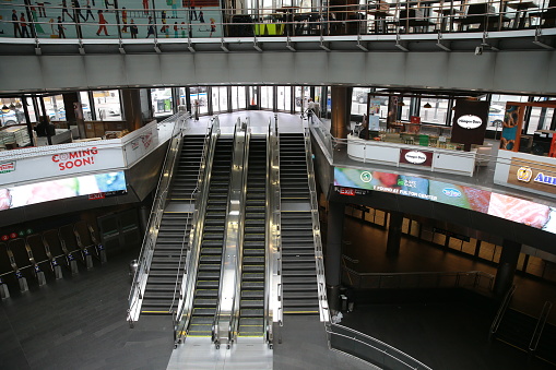 NEW YORK, NEW YORK - USA – MARCH 21, 2020: The Fulton Center complex is clear of pedestrians due to health concerns to stop the spread of Coronavirus in New York City.