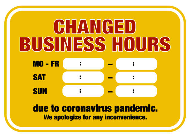 ilustrações, clipart, desenhos animados e ícones de mudou o horário de negócios assinar modelo corona pandemia - placa de horário de funcionamento