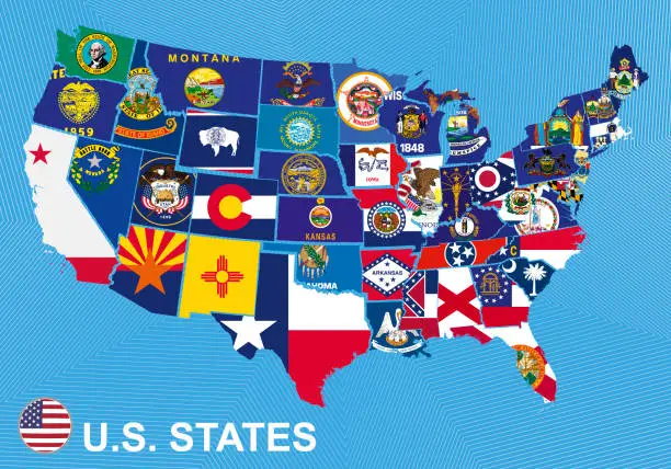 Vector illustration of US map with flags of states