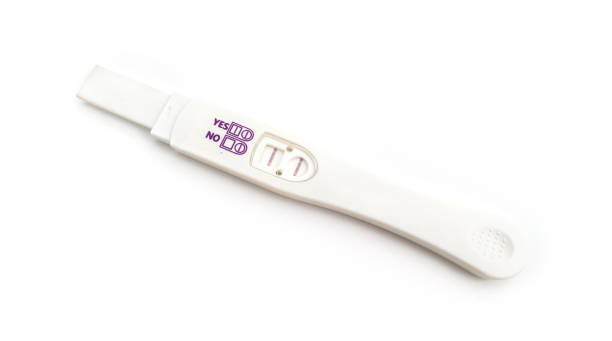 陽性妊娠検査結果、白い背景に単離された2つのストライプを示す - pregnancy test human pregnancy two objects isolated ストックフォトと画像