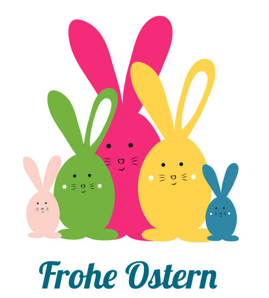 행복한 부활절. 디자인 부활절 토끼 가족 벡터 그림 밝고 다채로운 요소 - ostern stock illustrations