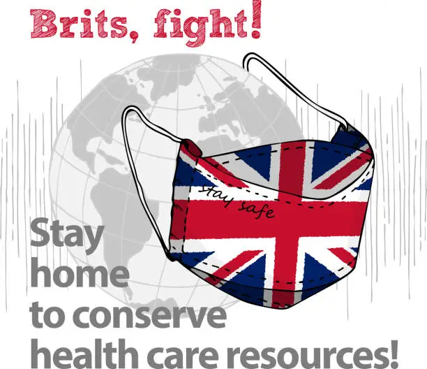 Vector illustration of Design concept of Medical information poster against virus epidemic Brits, fight Stay home to conserve health care resources Hand drawn face textile mask with national flag and text Stay Safe