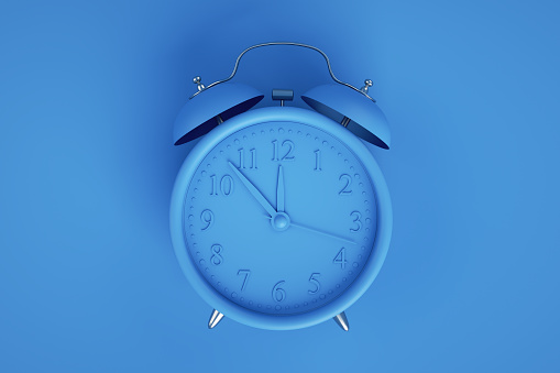 3d rendering of Blue Alarm Clock on Blue Background. Countdown, reminder, deadline concept.