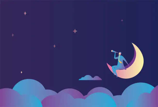 Vector illustration of Businessman sitting on the moon and looking at the starry sky with a telescope stock illustration