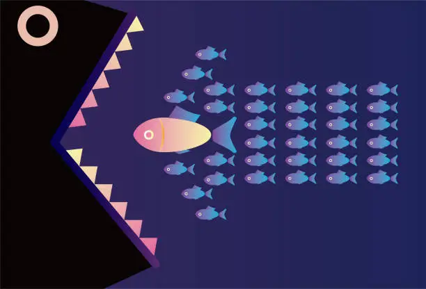 Vector illustration of Big fish eats school of fish making up arrow shape stock illustration