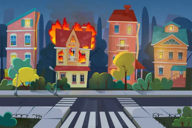 Vector illustration of Fire city concept flat cartoon vector illustration. Town living house panorama with burning building