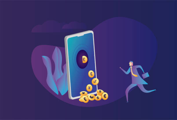 A lot of money is dropped from the phone stock illustration Banking, ,Currency,Digital Wallet,E-commerce,Electronic Banking, Portable Information Device,Smart Phone,Telephone, Inflation, Recession,Risk, plumber tablet stock illustrations