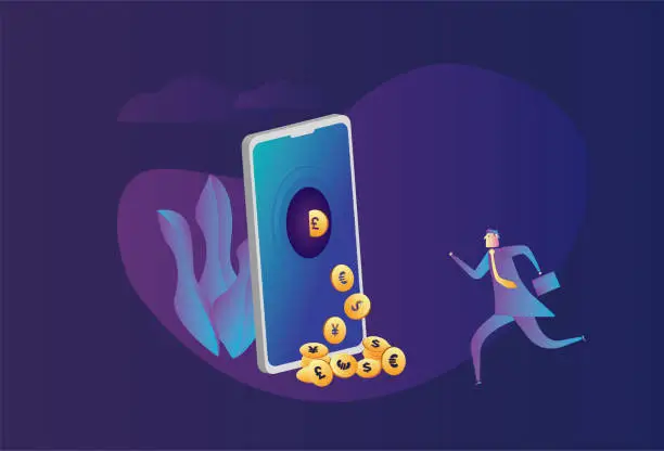 Vector illustration of A lot of money is dropped from the phone stock illustration