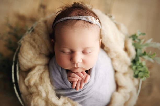 neugeborenes baby mädchen in prop korb gewickelt - neugeborenes fotos stock-fotos und bilder