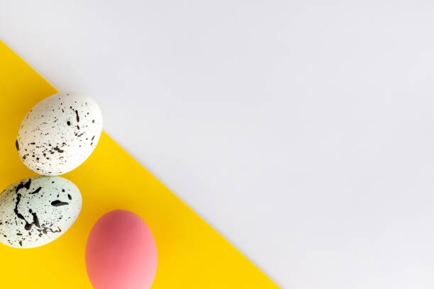 istock Creative Easter layout made of painted eggs on white and yellow background 1214281109