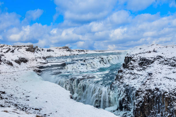 Panoramic view over Gullfoss waterfall in south Iceland in winter