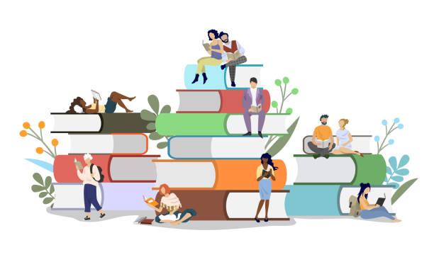 Book festival concept vector flat style design illustration Diversity people readers male and female characters reading books while sitting on book pile, vector flat illustration. Literary festival concept for web banner, website page etc. library illustrations stock illustrations