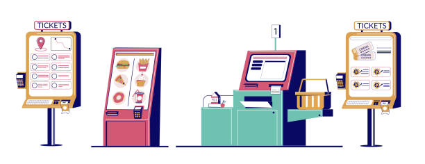 Self ordering kiosk set, vector flat isolated illustration Entertainment cinema and travel ticket kiosks, supermarket self checkout, fast food restaurant self ordering kiosk, vector flat illustration isolated on white background. Self service technologies. self checkout stock illustrations