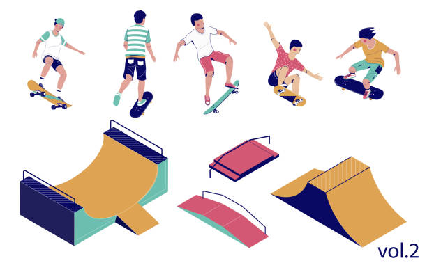 illustrations, cliparts, dessins animés et icônes de ensemble de skate park, illustration isométrique plate vectorielle - skateboard park ramp park skateboard