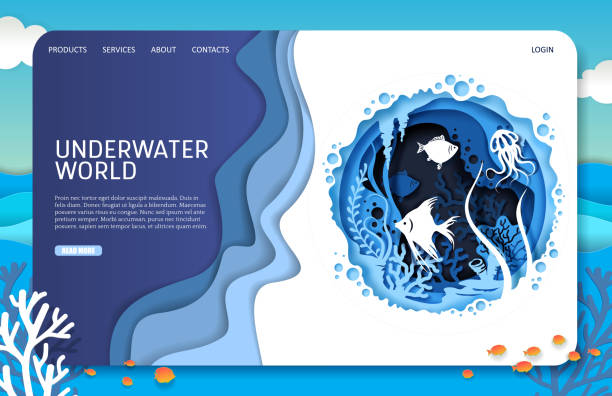 Underwater world vector website landing page design template Underwater world vector website template, landing page design for website and mobile site development. Layered paper cut style underwater sea ocean cave, tropical exotic fish, aquatic plants. fish drawings stock illustrations