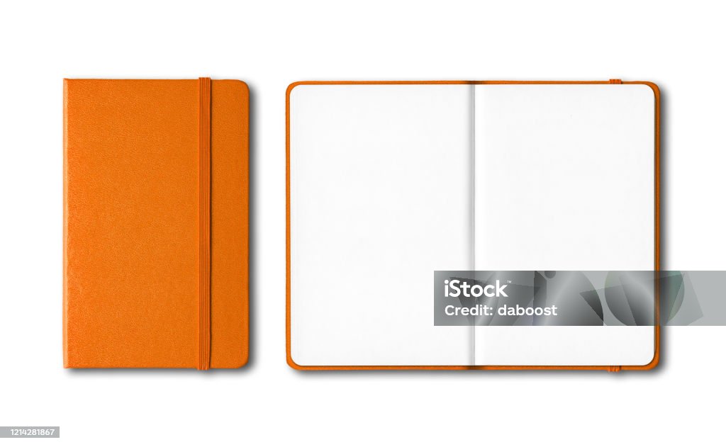 Orange closed and open notebooks isolated on white Orange closed and open notebooks mockup isolated on white Note Pad Stock Photo