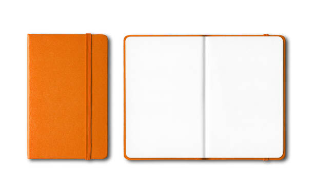 Orange closed and open notebooks isolated on white Orange closed and open notebooks mockup isolated on white note pad stock pictures, royalty-free photos & images