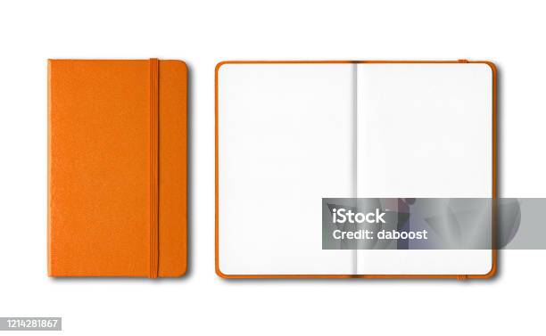 Orange Closed And Open Notebooks Isolated On White Stock Photo - Download Image Now - Note Pad, Open, Diary