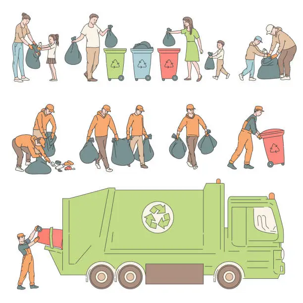 Vector illustration of People sorting garbage and send truck for recycling. Volunteers clean environment from trash vector set sketch line illustrations.