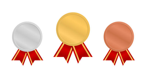 istock Medals with red ribbons. Gold, silver and bronze medal. Medals for the first, second and third place. 1214284036
