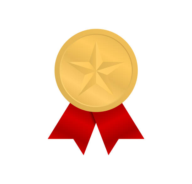 illustrazioni stock, clip art, cartoni animati e icone di tendenza di medaglia d'oro con stella e nastri rossi. vincitore del premio. medaglia al primo posto. - medal star shape war award