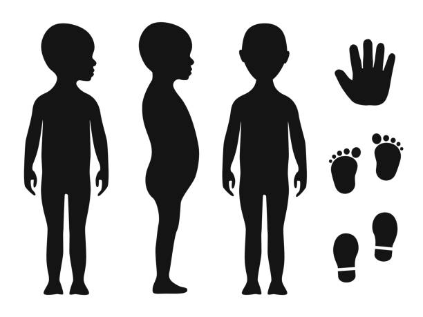 Human body silhouette of a bald bare barefoot toddler. Palm hand, bare feet and shoe trace Human body silhouette of a bald bare barefoot toddler. Palm hand, bare feet and shoe trace. kid body parts stock illustrations