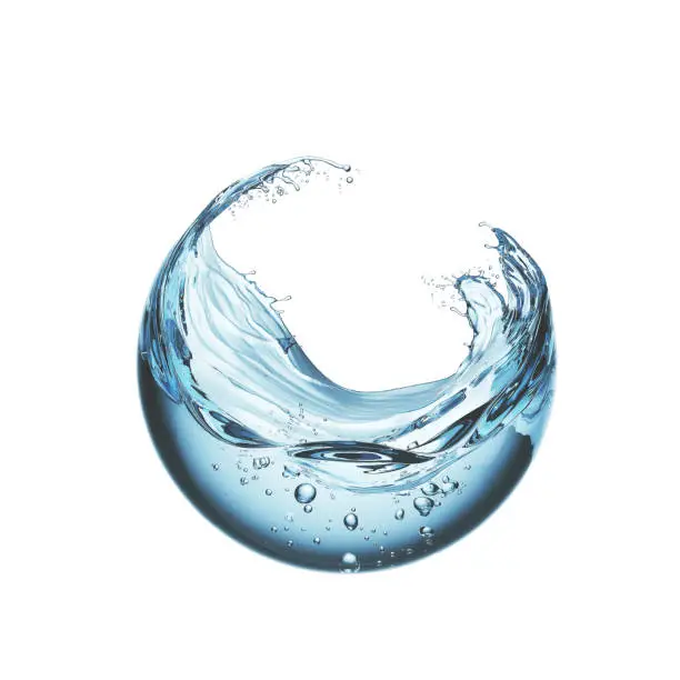 water liquid splash in sphere shape isolated on white background, 3d illustration.