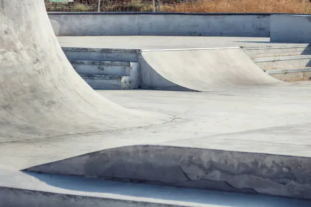 Close up of some obstacles in a skate park.