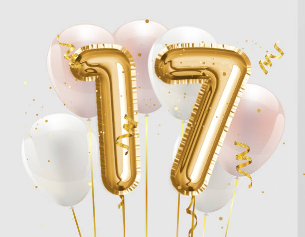 Happy 17th birthday gold foil balloon greeting background. Happy 17th birthday gold foil balloon greeting background. 17 years anniversary logo template- 17th celebrating with confetti. Photo stock. number 17 stock pictures, royalty-free photos & images