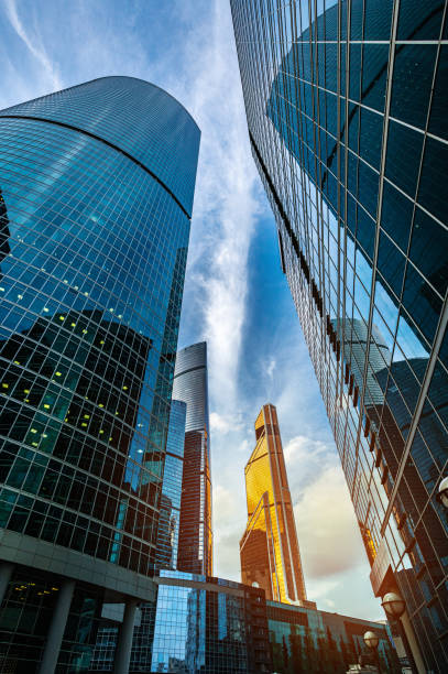 istock Downtown district at sunset against blue sky 1214289539