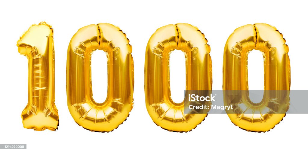 Number 1000 one thousand made of golden inflatable balloons isolated on white. Helium balloons, gold foil numbers. Party decoration, 1000 subscribers or followers and likes Number 1000 one thousand made of golden inflatable balloons isolated on white. Helium balloons, gold foil numbers. Party decoration, 1000 subscribers or followers and likes. Number 1000 Stock Photo