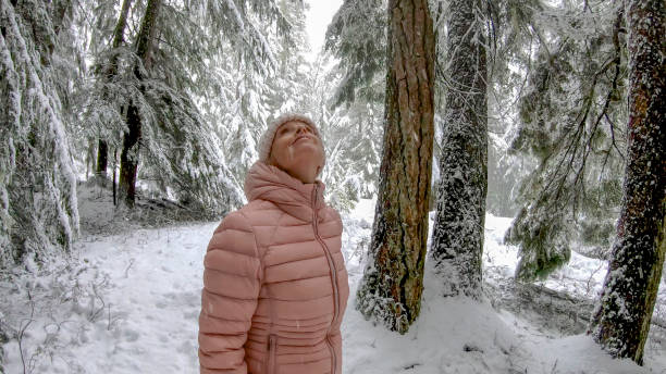 istock Female hiker stands under snowy forest 1214290048